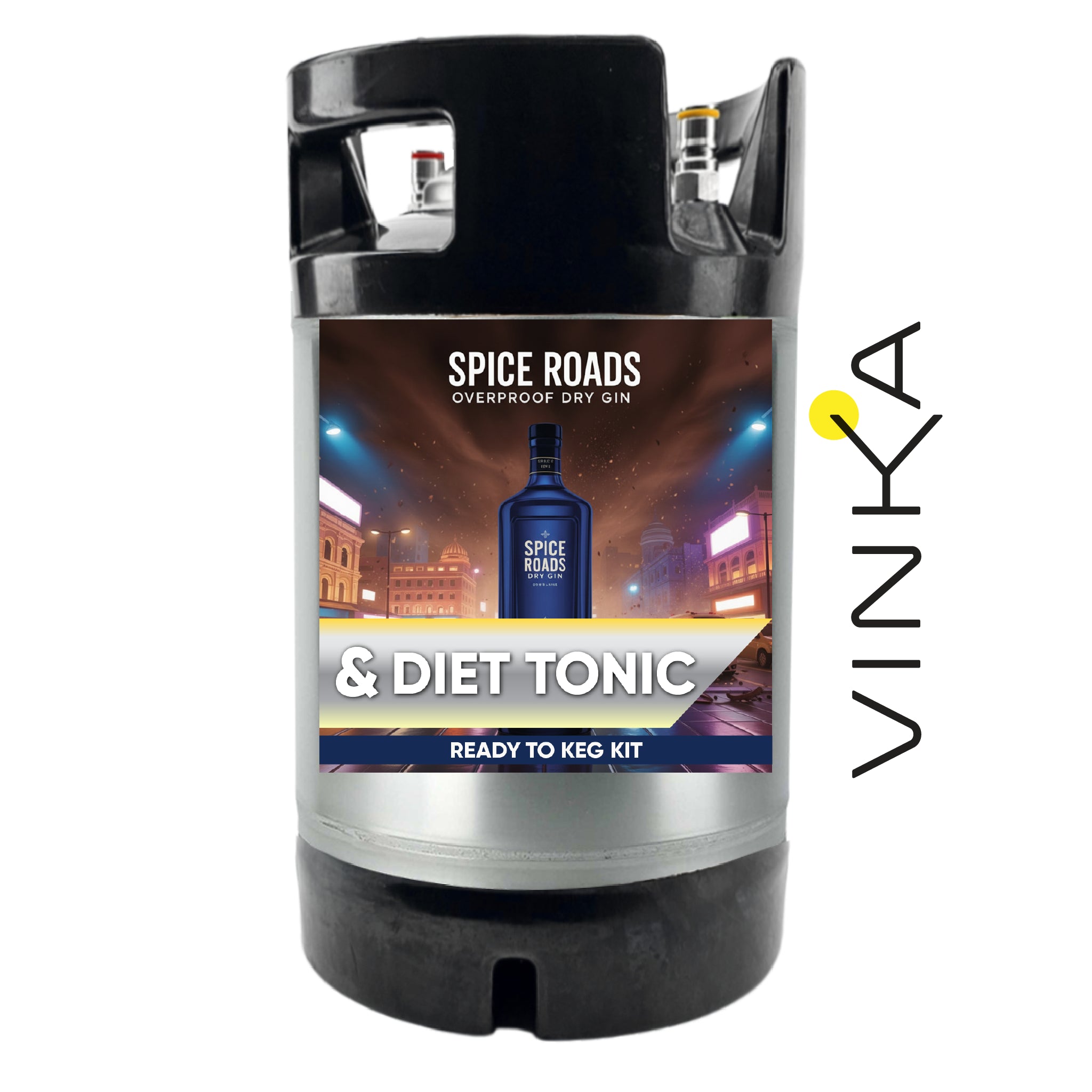 Spice Roads gin and diet tonic ready-to-keg kit with Vinka branding on a white background