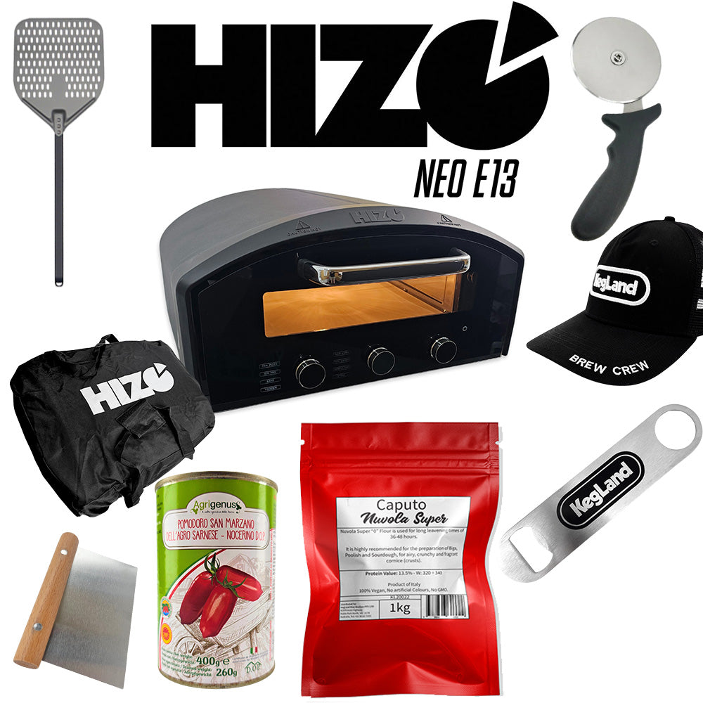 A collection of pizza making accessories including a black HIZO NEO E13 electric pizza oven, a black kegland trucker cap, a stainless steel bar blade bottle opener, a pizza cutter, a heavy duty dough scraper, a pizza peel, a bag of Caputo Nuvola Super 0 Flour, and a can of San Marzano tomatoes.