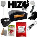 A collection of pizza making accessories including a black HIZO NEO E13 electric pizza oven, a black kegland trucker cap, a stainless steel bar blade bottle opener, a pizza cutter, a heavy duty dough scraper, a pizza peel, a bag of Caputo Nuvola Super 0 Flour, and a can of San Marzano tomatoes.