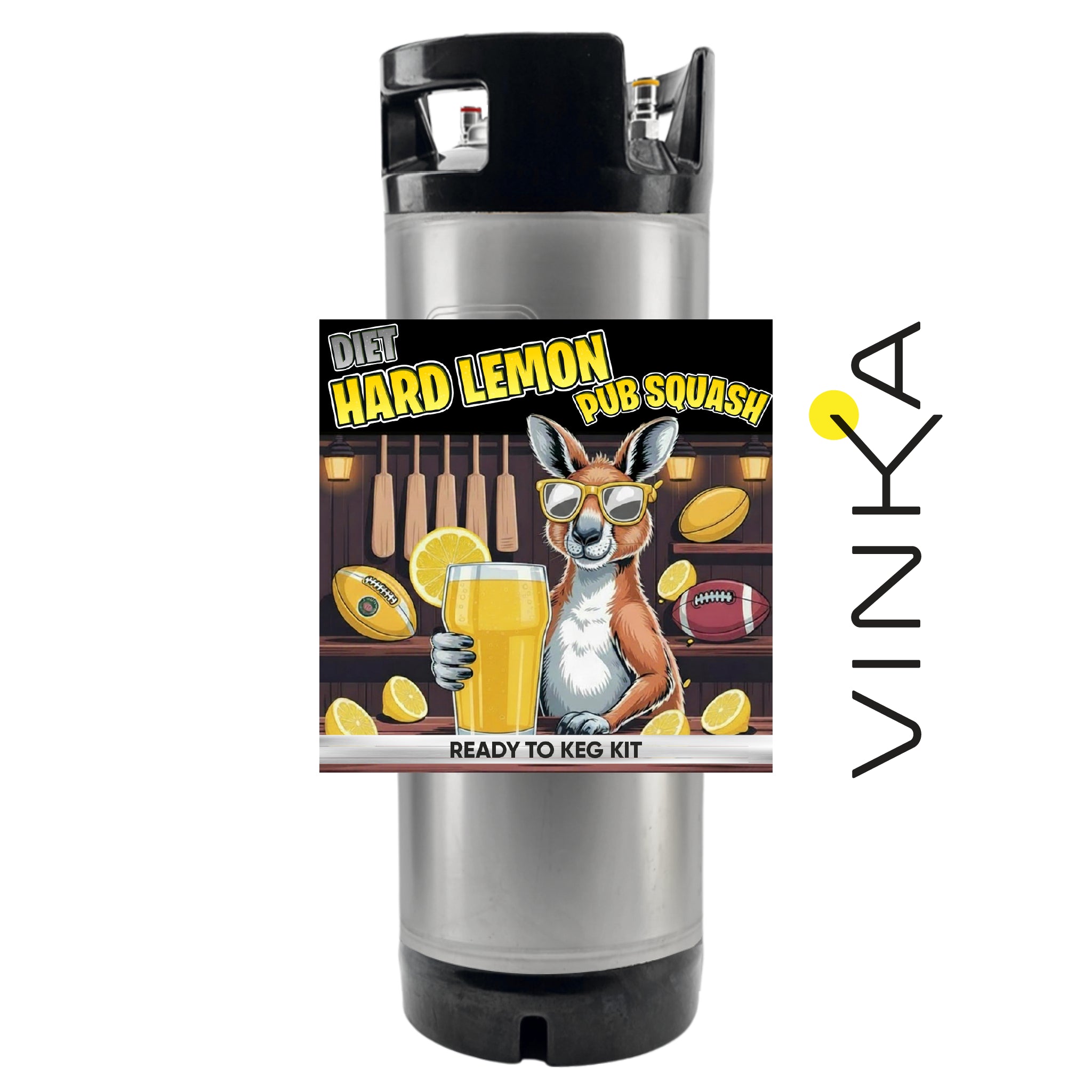 A stainless steel keg kit with a custom printed label featuring a kangaroo holding a pint of beer and the text 'DIET HARD LEMON PUB SQUASH'. A vertical 'VINKA' brand logo is displayed on the right side of the image against a plain white background.