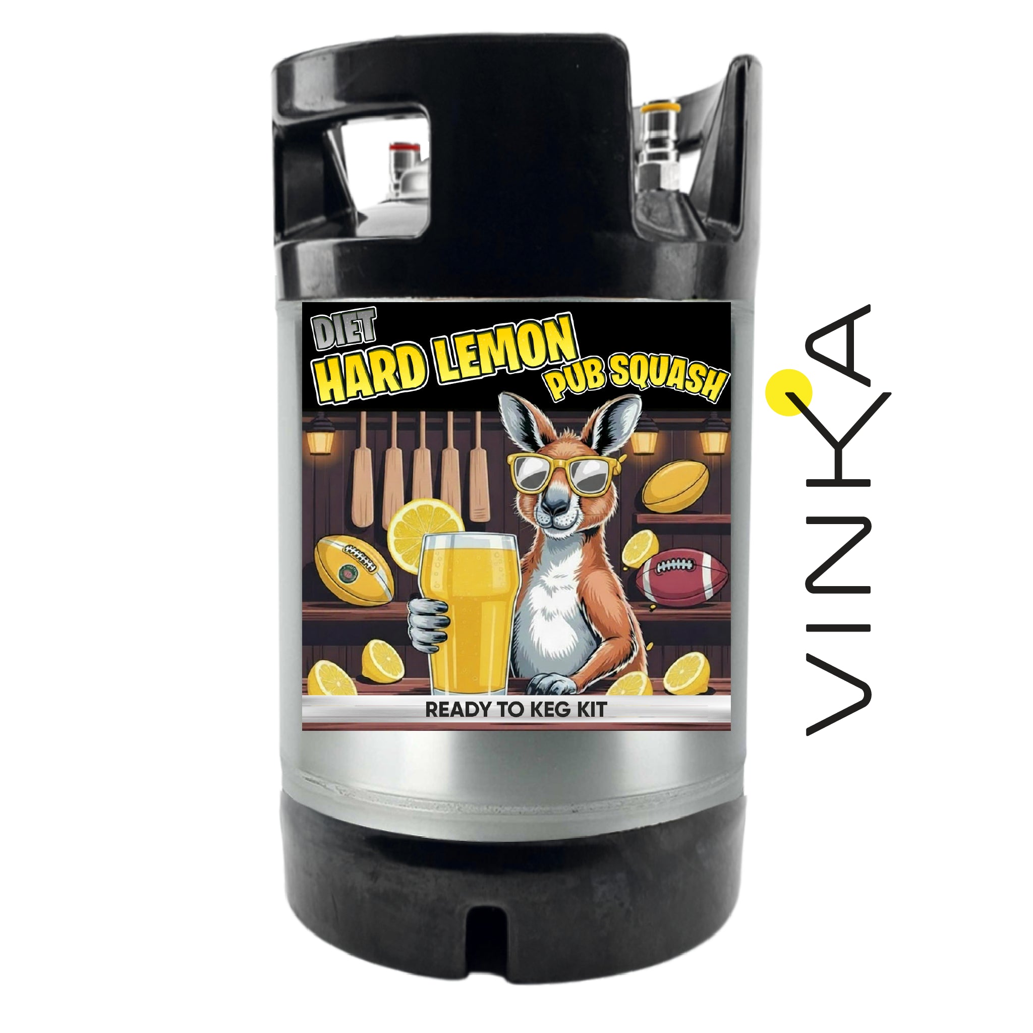 A custom keg wrap sticker featuring a cartoon kangaroo holding a pint of beer with lemons and football motifs, labeled 'Diet Hard Lemon Pub Squash' and 'Ready to Keg Kit', shown on a black and silver keg with a Vinka brand logo on the right.