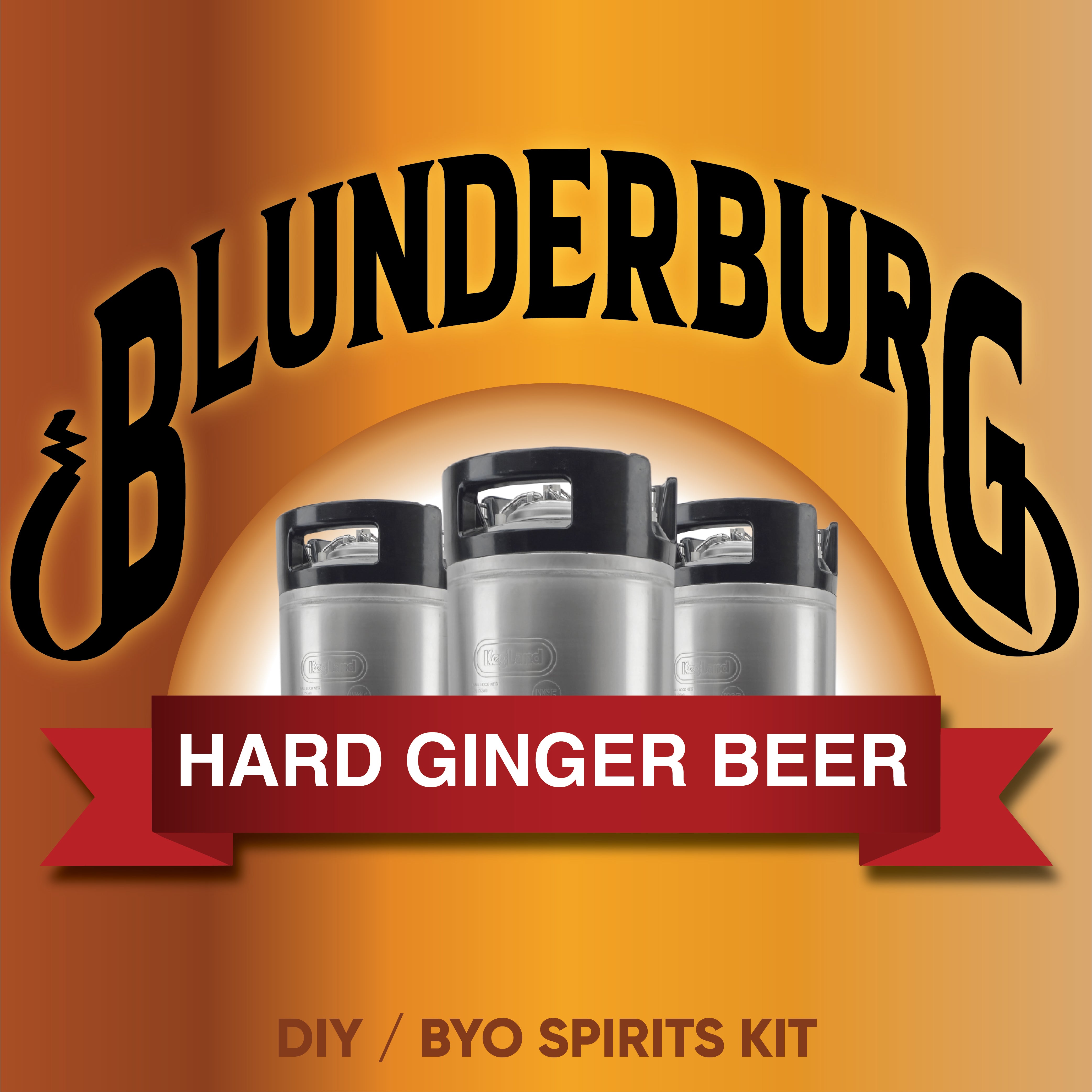 Blunderburg Hard Ginger Beer packaging with kegs on an orange background