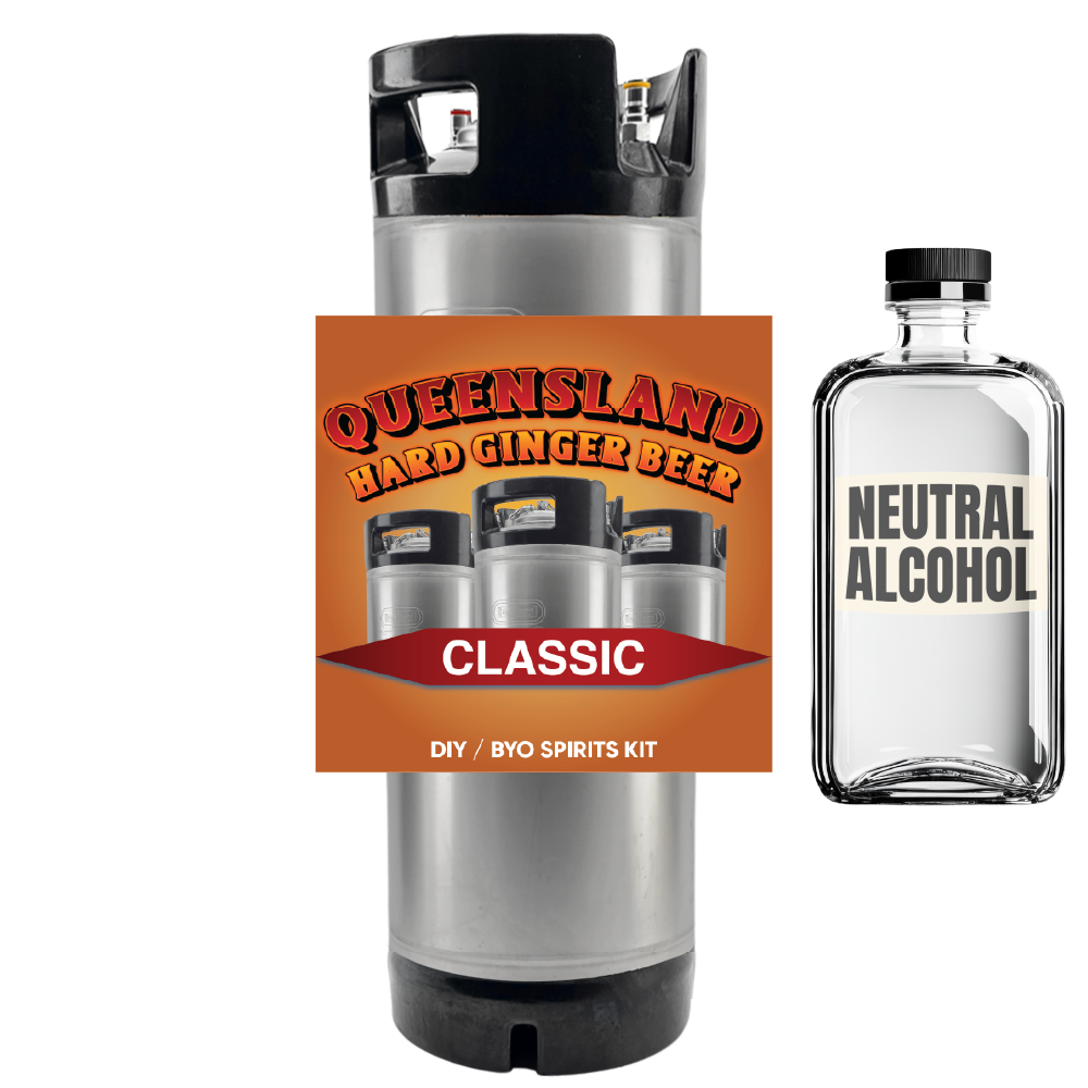 Queensland Hard Ginger Beer DIY spirits kit and neutral alcohol bottle on a white background