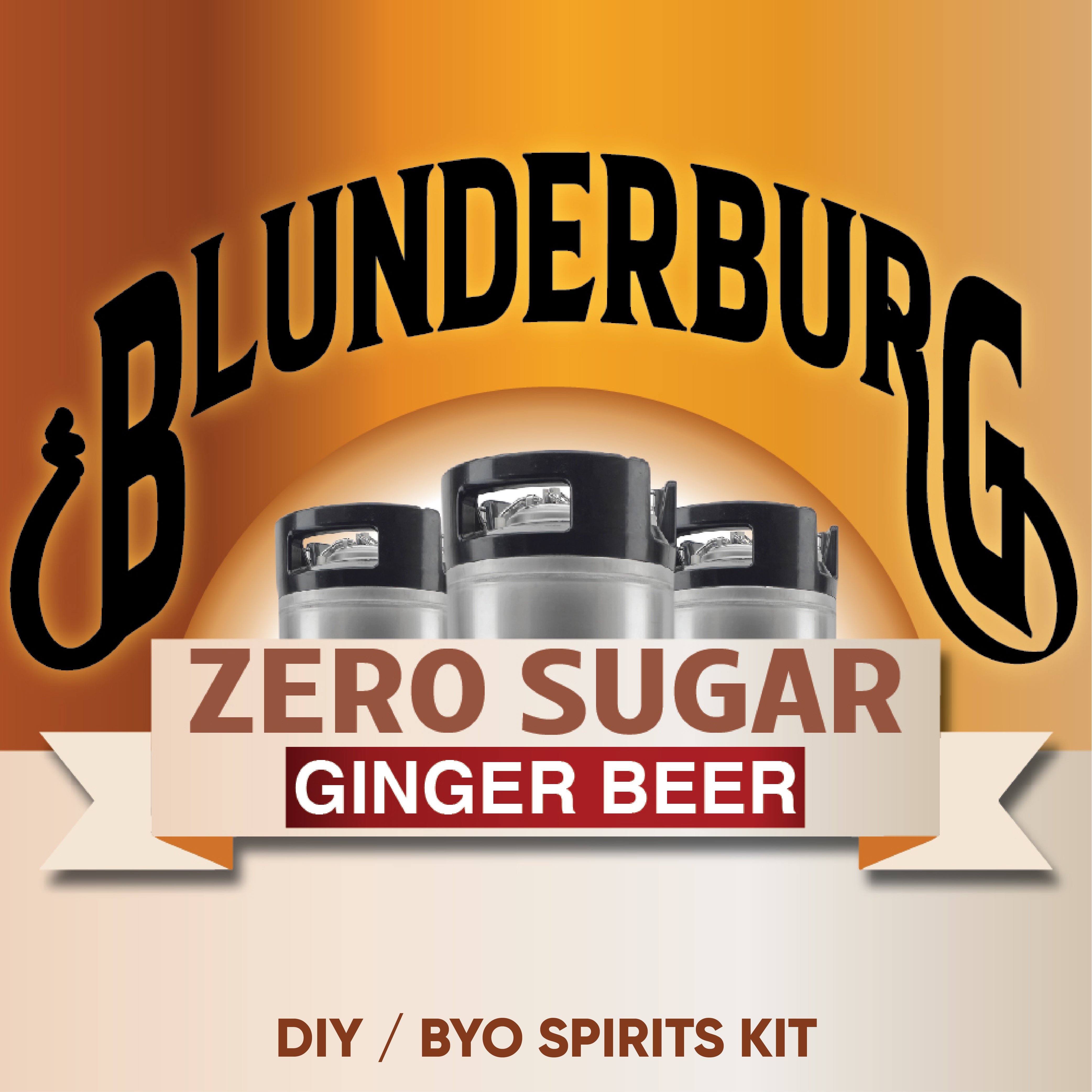 Blunderburg Zero Sugar Ginger Beer DIY/BYO Spirits Kit packaging with ginger beer cans on an orange background.