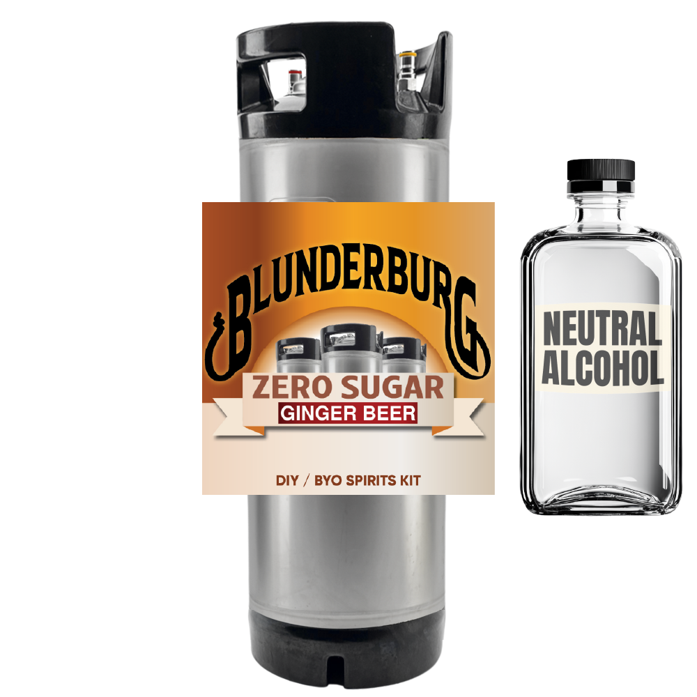 Blunderburg Zero Sugar Ginger Beer kit and neutral alcohol bottle on a white background