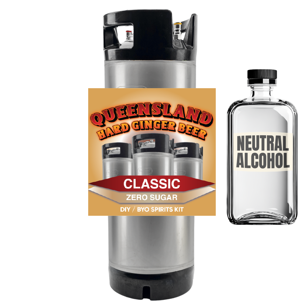 Queensland Hard Ginger Beer kit and neutral alcohol bottle on a white background