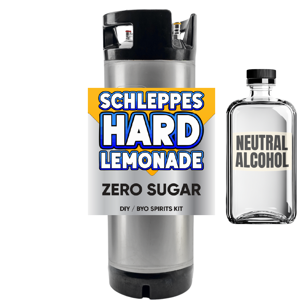 Schleppes Hard Lemonade zero sugar kit and neutral alcohol bottle on a white background