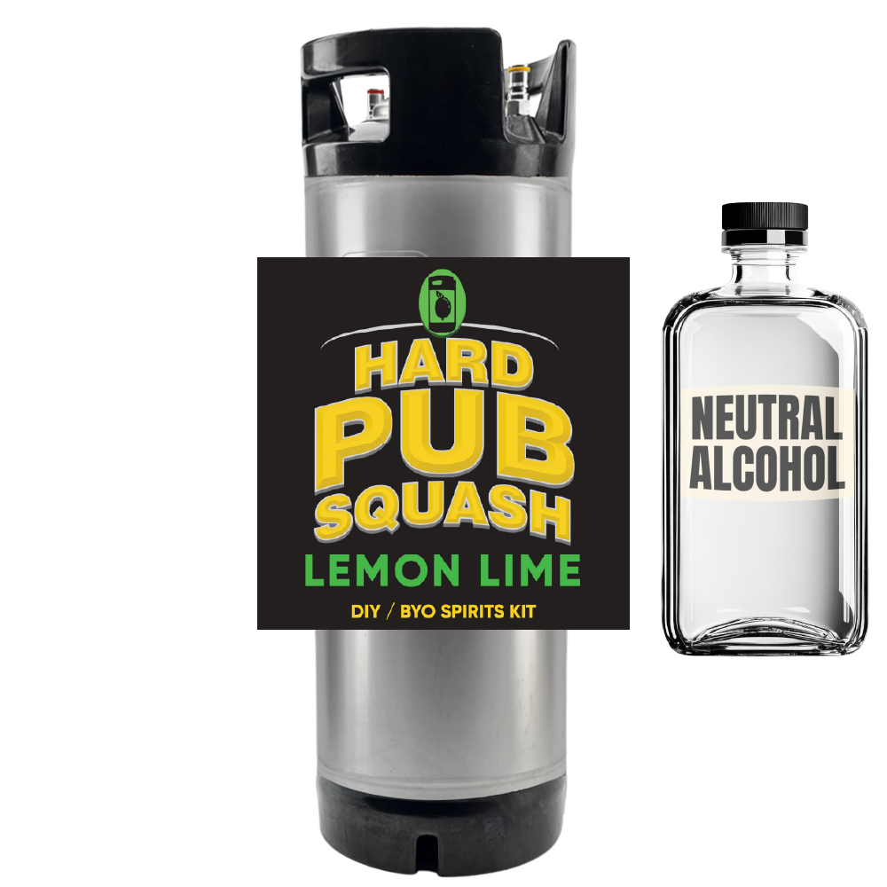 Hard Pub Squash DIY spirits kit with a stainless steel container and neutral alcohol bottle on a white background.