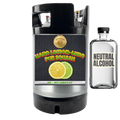 Black keg labeled 'Hard Lemon-Lime Pub Squash' and a bottle labeled 'Neutral Alcohol' on a white background.