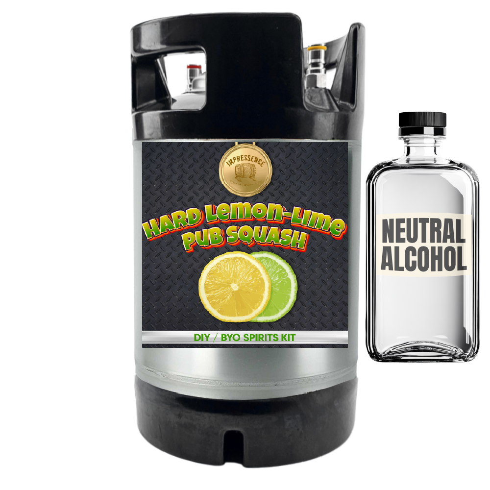 Black keg labeled 'Hard Lemon-Lime Pub Squash' and a bottle labeled 'Neutral Alcohol' on a white background.