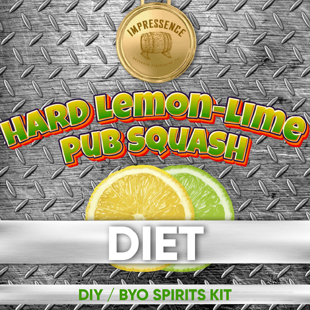 Advertisement for hard lemon-lime pub squash kit with lemon and lime slices on a metallic background.