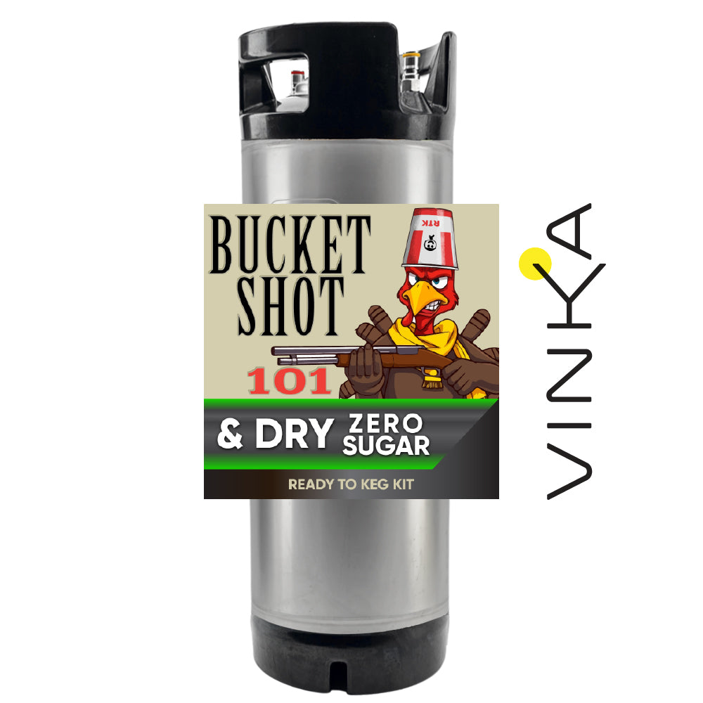 Bucket Shot 101 & Dry Zero Sugar ready to keg kit with Vinka branding on a white background