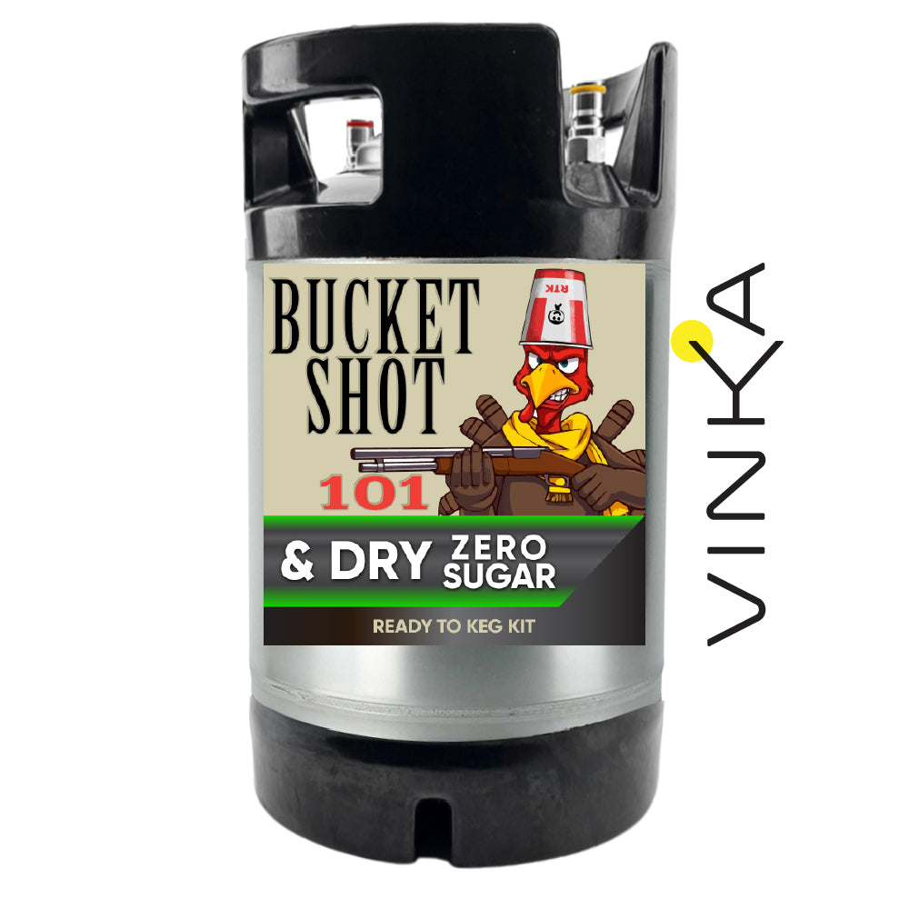 Bucket Shot 101 & Dry Zero Sugar ready to keg kit with Vinka branding on a white background