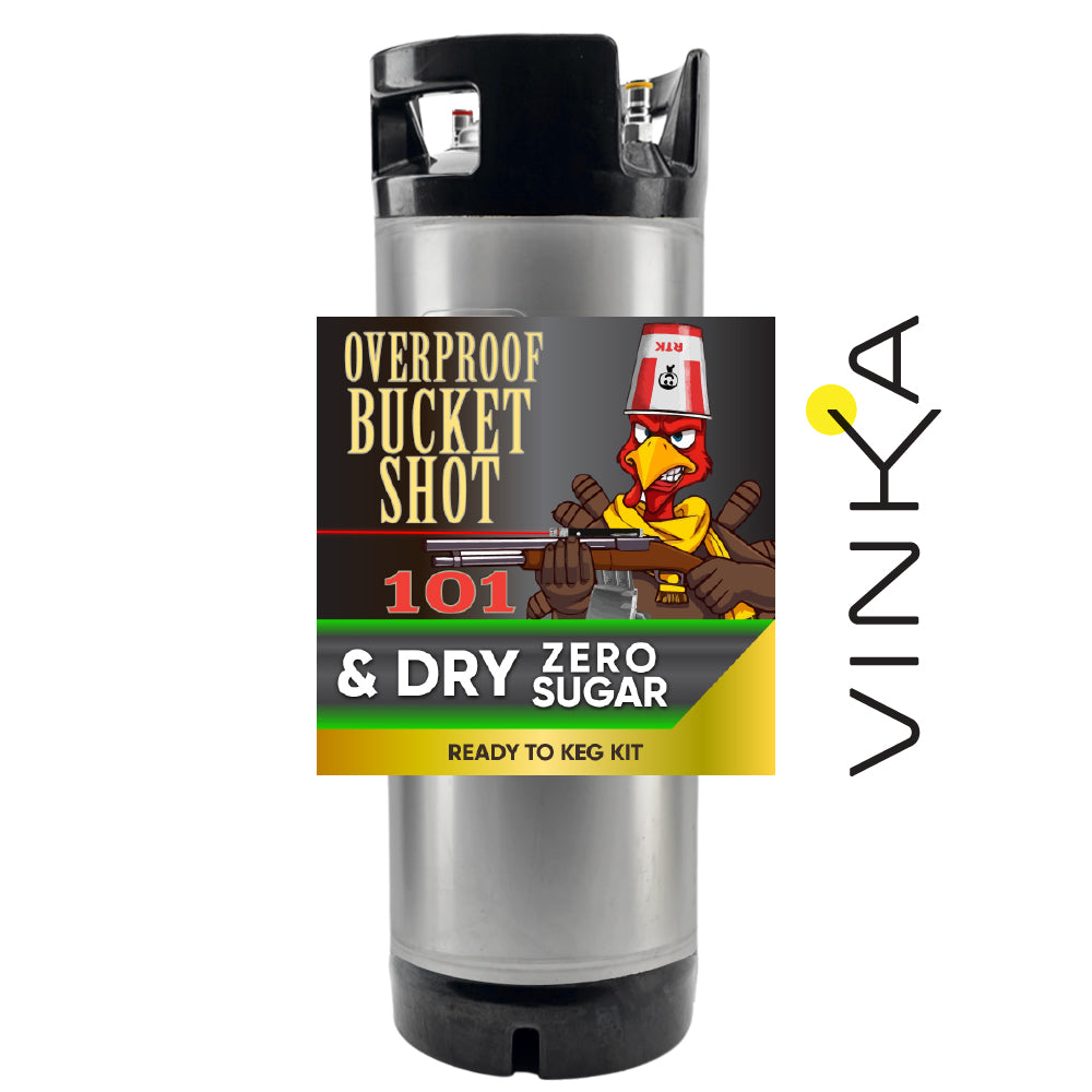 Overproof Bucket Shot and Dry Zero Sugar promotional graphic overlay on a 19L Keg. 