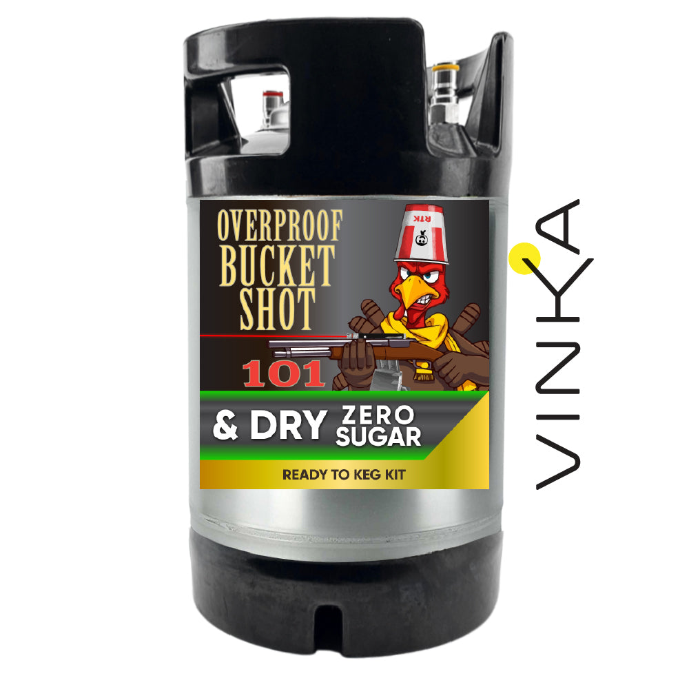 Overproof Bucket Shot and Dry Zero Sugar promotional graphic overlay on a 9.5L Keg. 