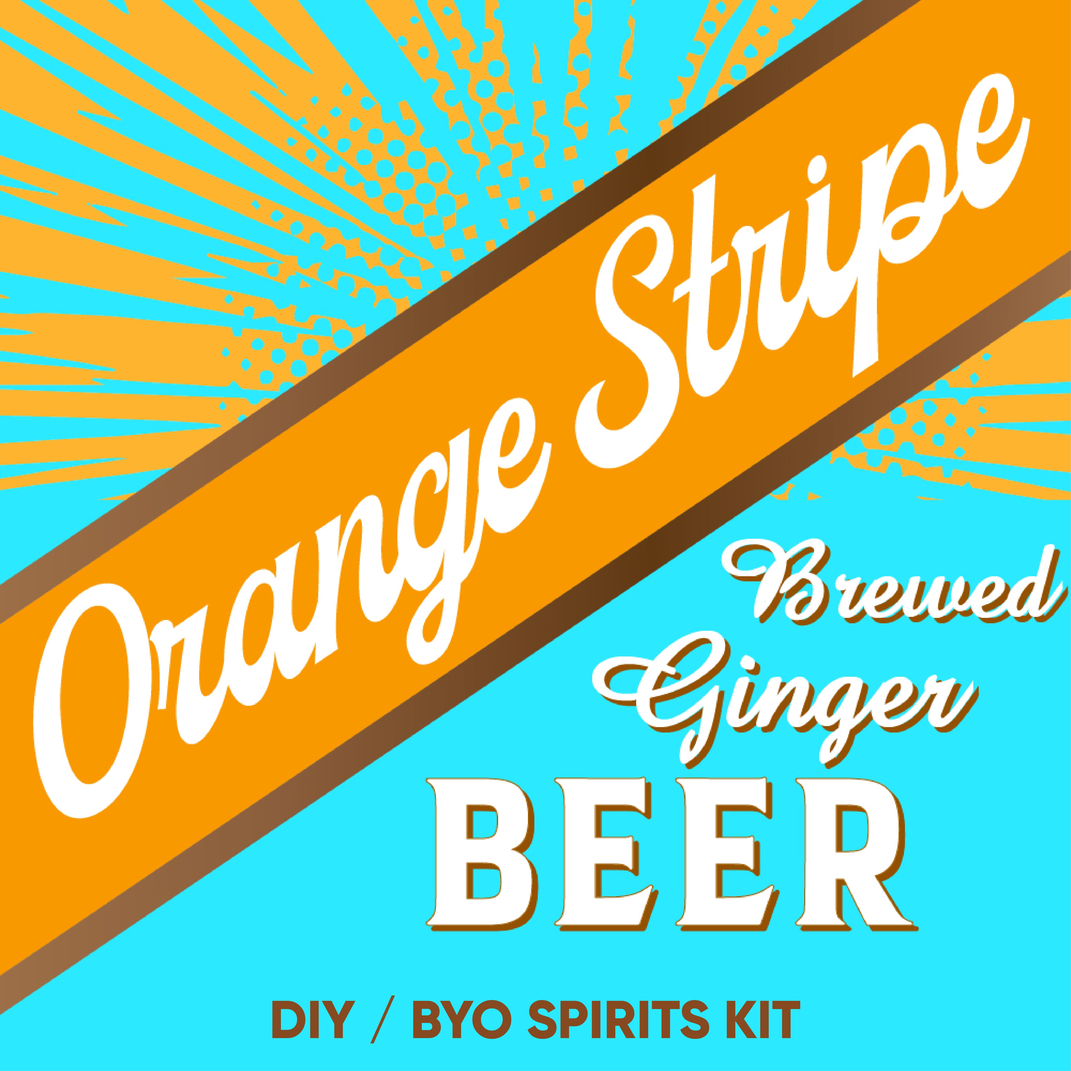 Orange Stripe Brewed Ginger Beer label with diagonal stripes and text on a blue background