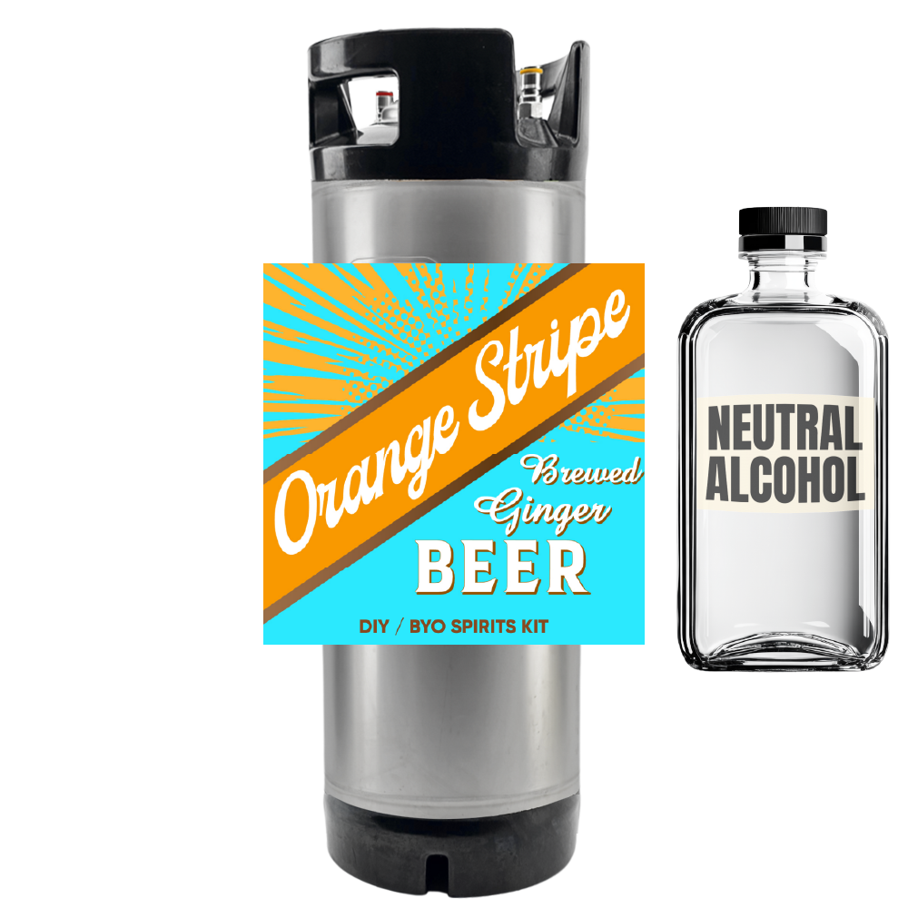 Orange Stripe Ginger Beer keg and neutral alcohol bottle on a white background