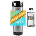 Orange Stripe Ginger Beer keg and neutral alcohol bottle on a white background