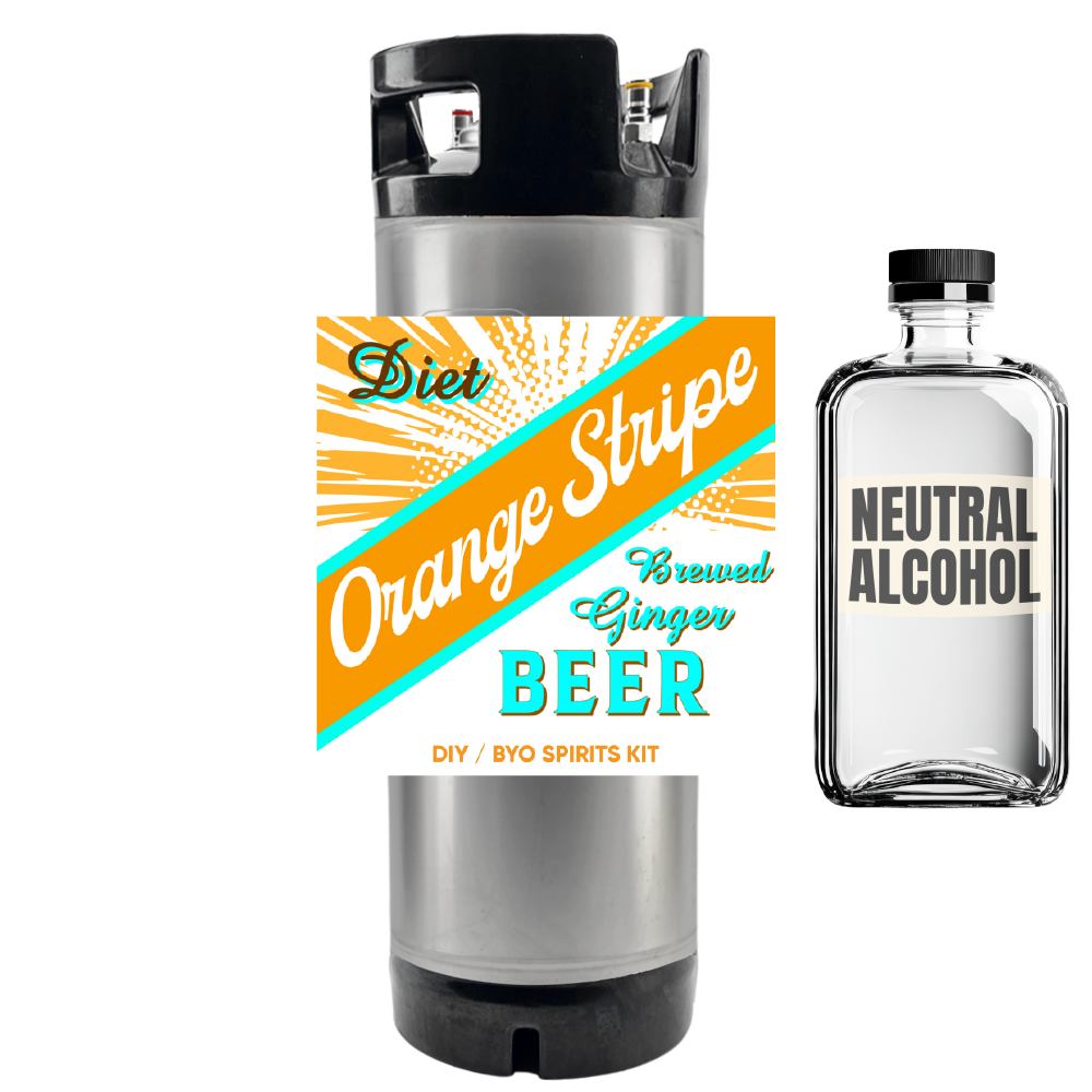 Diet Orange Stripe Ginger Beer can and neutral alcohol bottle on a white background