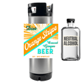 Diet Orange Stripe Ginger Beer can and neutral alcohol bottle on a white background