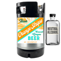 Diet Orange Stripe Ginger Beer keg and small neutral alcohol bottle on a white background