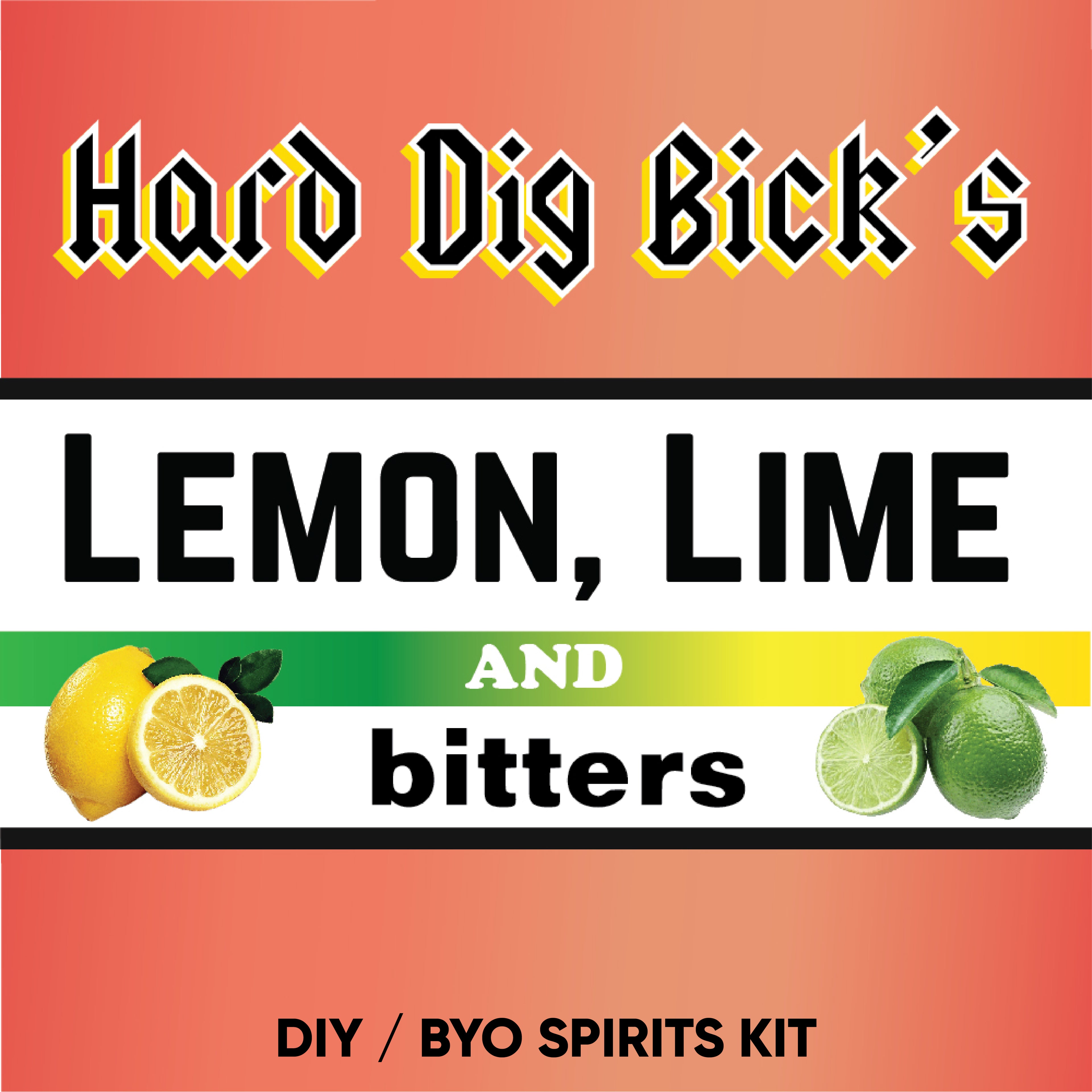 Hard Lemon, Lime and Bitters DIY BYO Spirits Kit label with lemons and limes on a red background.