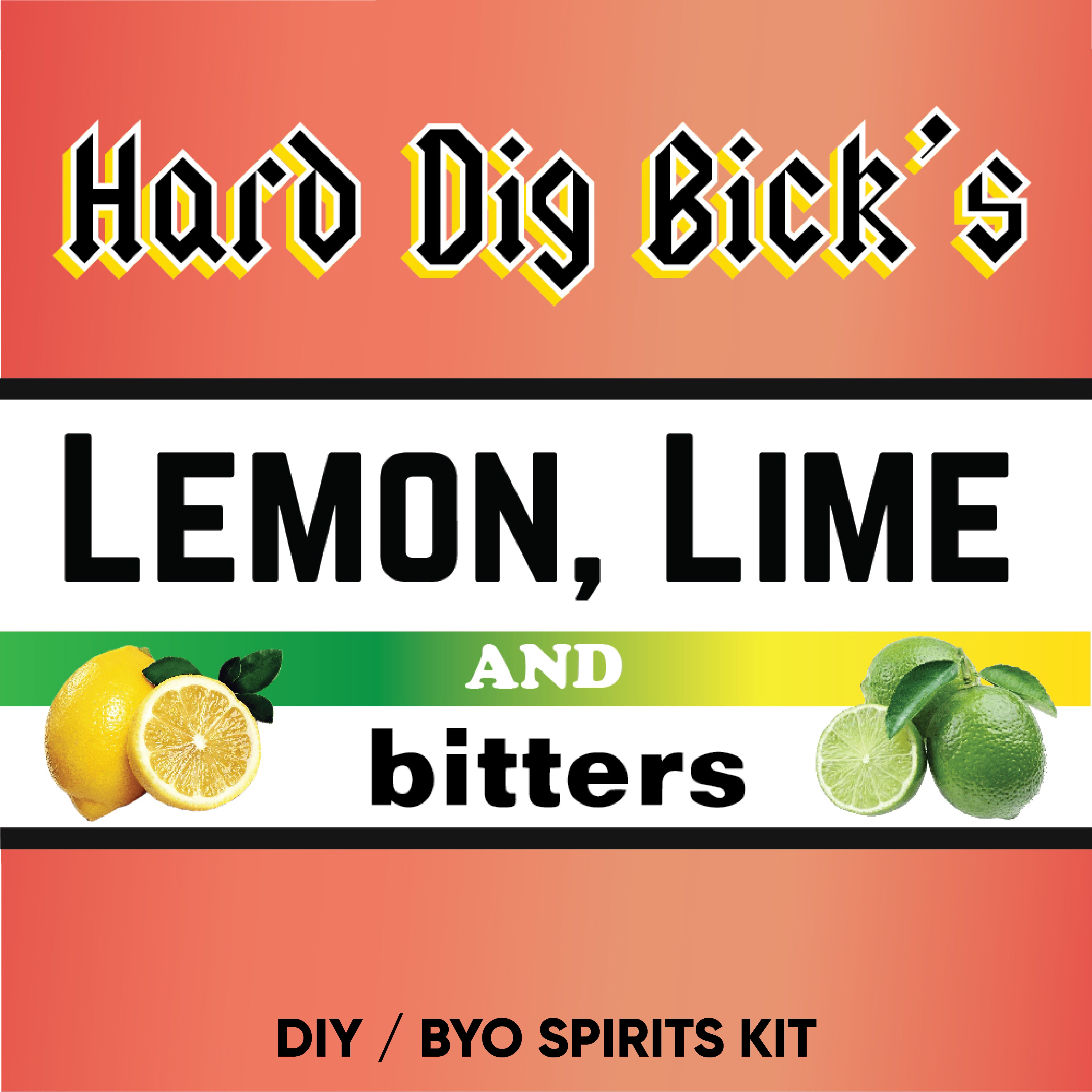Hard Lemon, Lime and Bitters DIY BYO Spirits Kit label with lemons and limes on a red background.