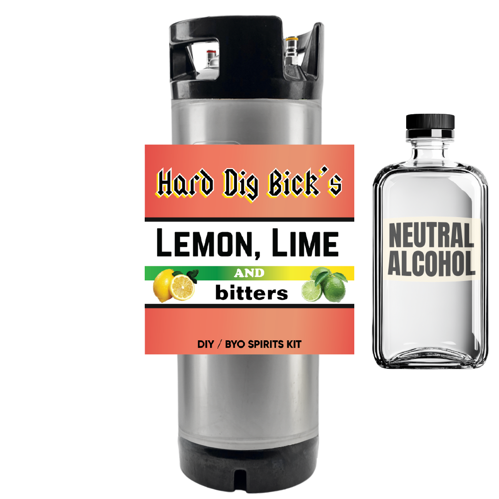 Hard lemon, lime, and bitters label and neutral alcohol bottle on a white background