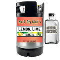 Hard lemon, lime, and bitters DIY spirits kit with a bottle of neutral alcohol on a white background.