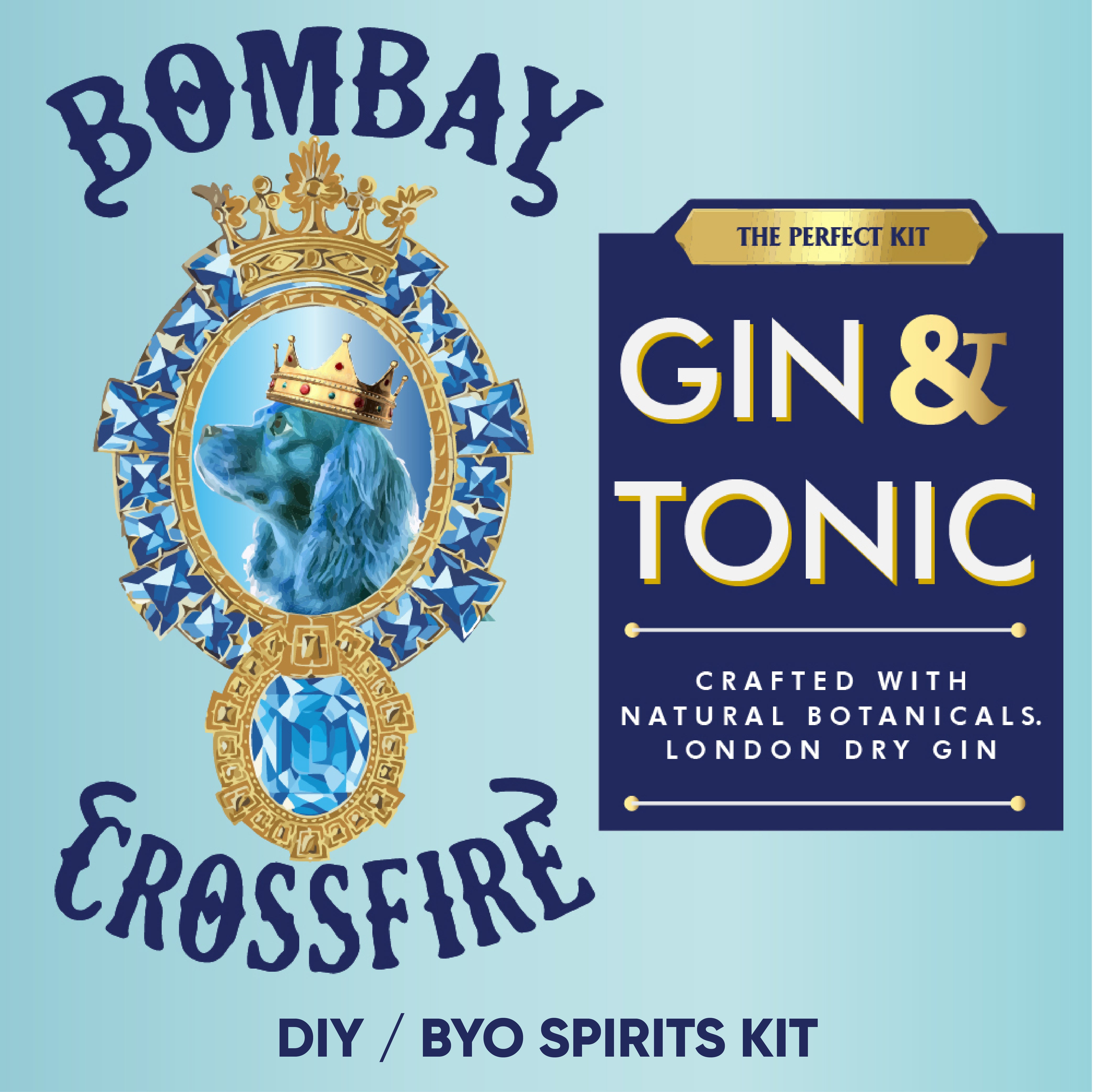 Bombay Crossfire Gin & Tonic kit packaging with lion emblem on light blue background