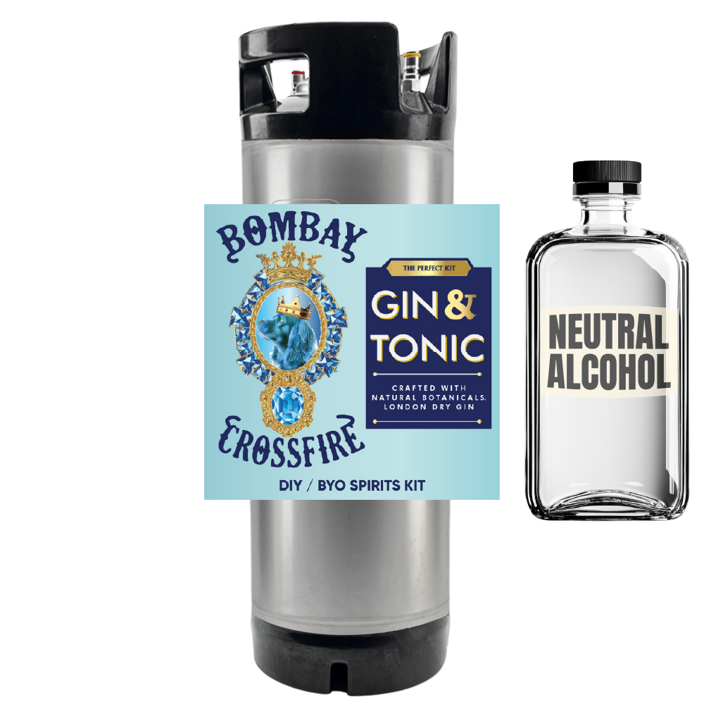 Gin and tonic kit with a bottle of neutral alcohol on a white background