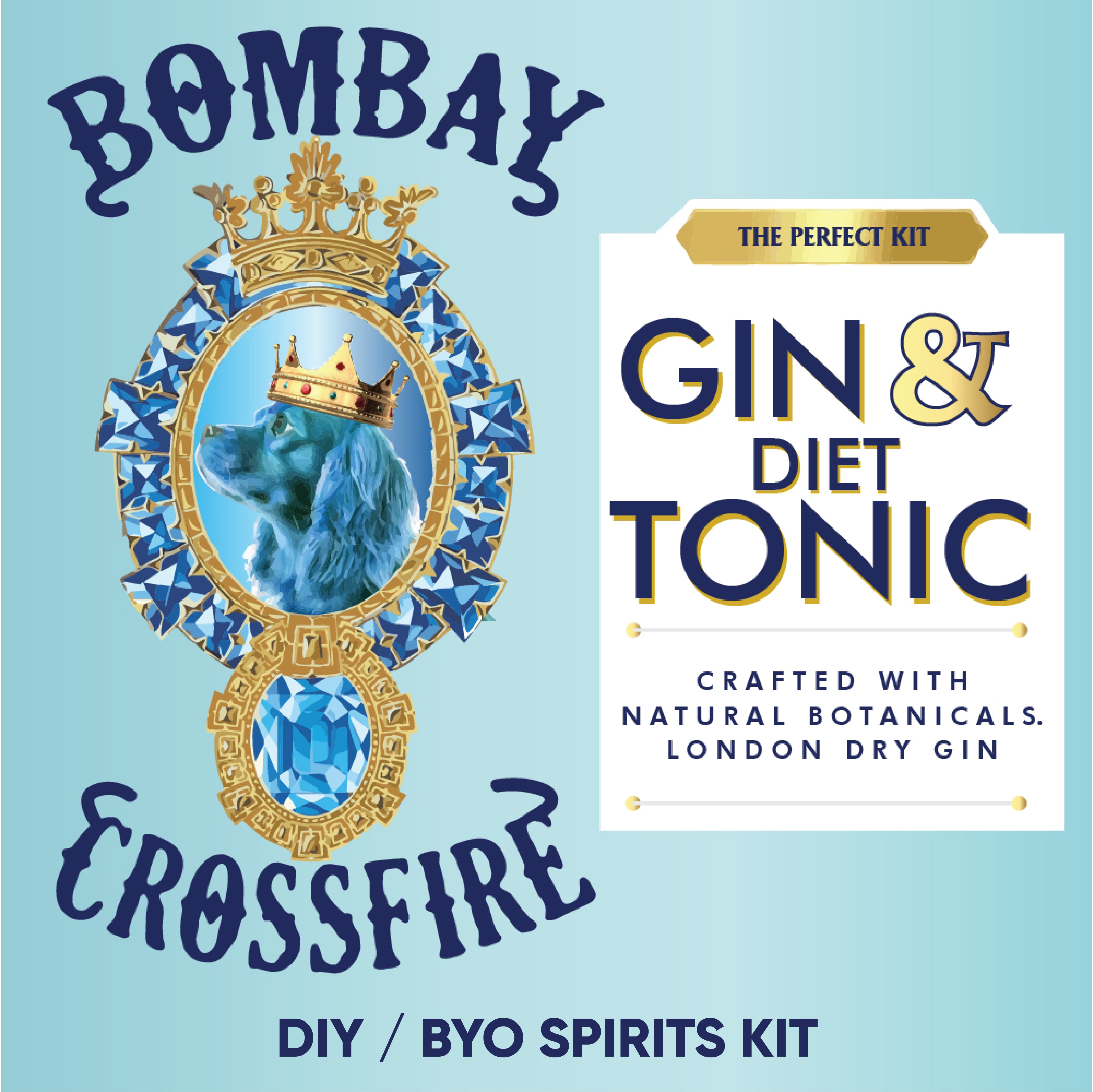 Bombay Crossfire gin and tonic kit packaging with a blue background