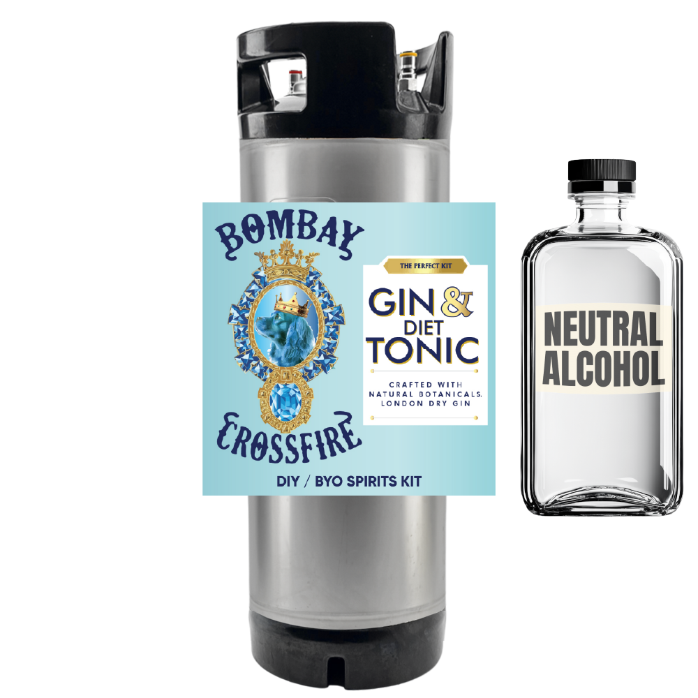 Bombay Crossfire gin and diet tonic kit and neutral alcohol bottle on a white background