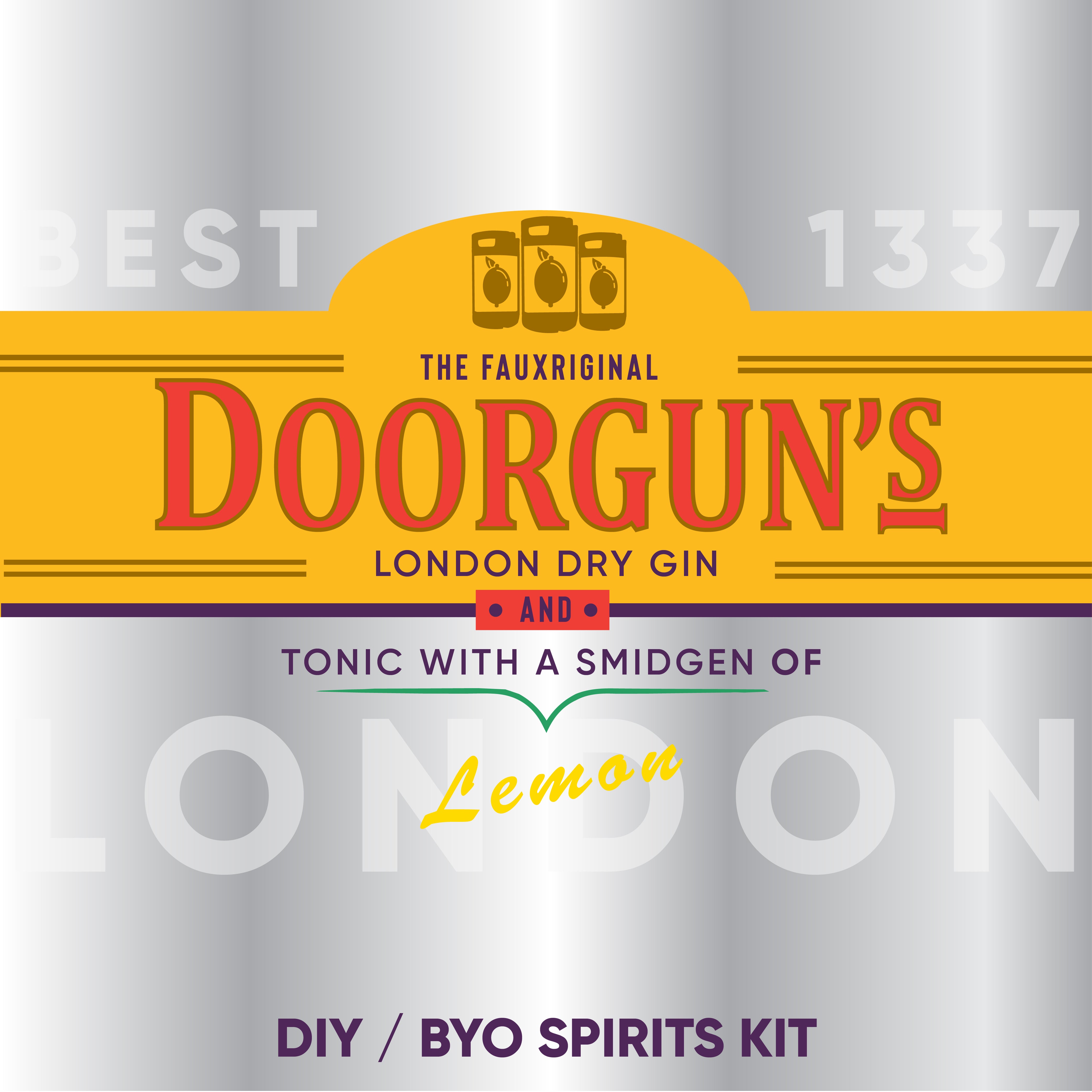 Doorgun's London Dry Gin & Tonic label with lemon flavor description on a silver background