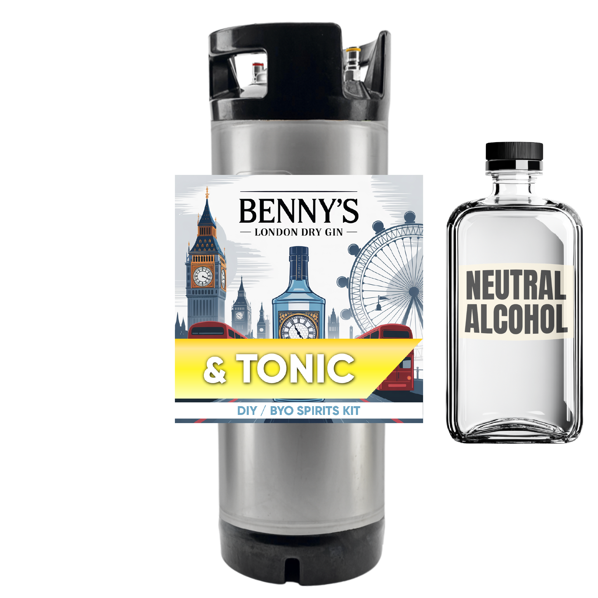 Benny's London Dry Gin & Tonic kit with a stainless steel container and neutral alcohol bottle on a white background.