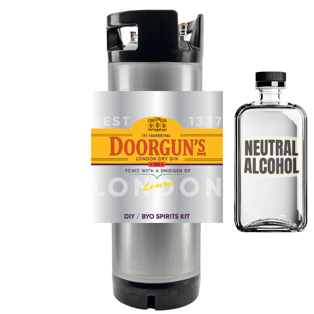 Doorgun's London Dry Gin & Tonic kit with a neutral alcohol bottle on a white background