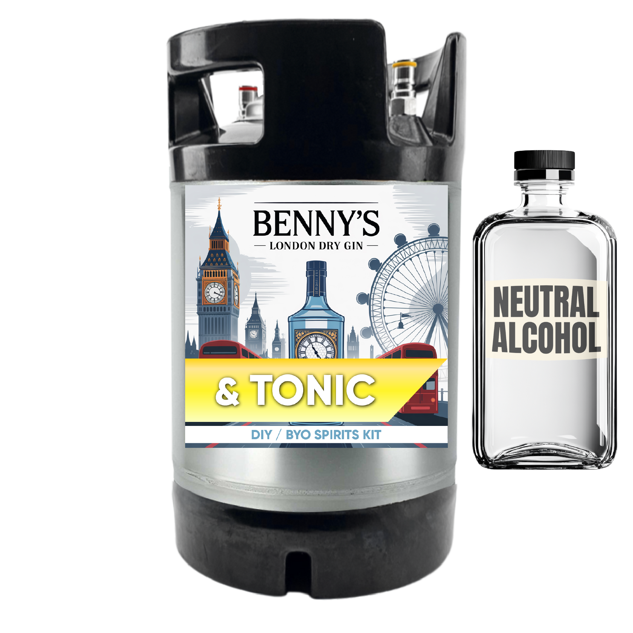 Benny's London Dry Gin & Tonic DIY BYO Spirits Kit with a bottle of neutral alcohol on a white background.