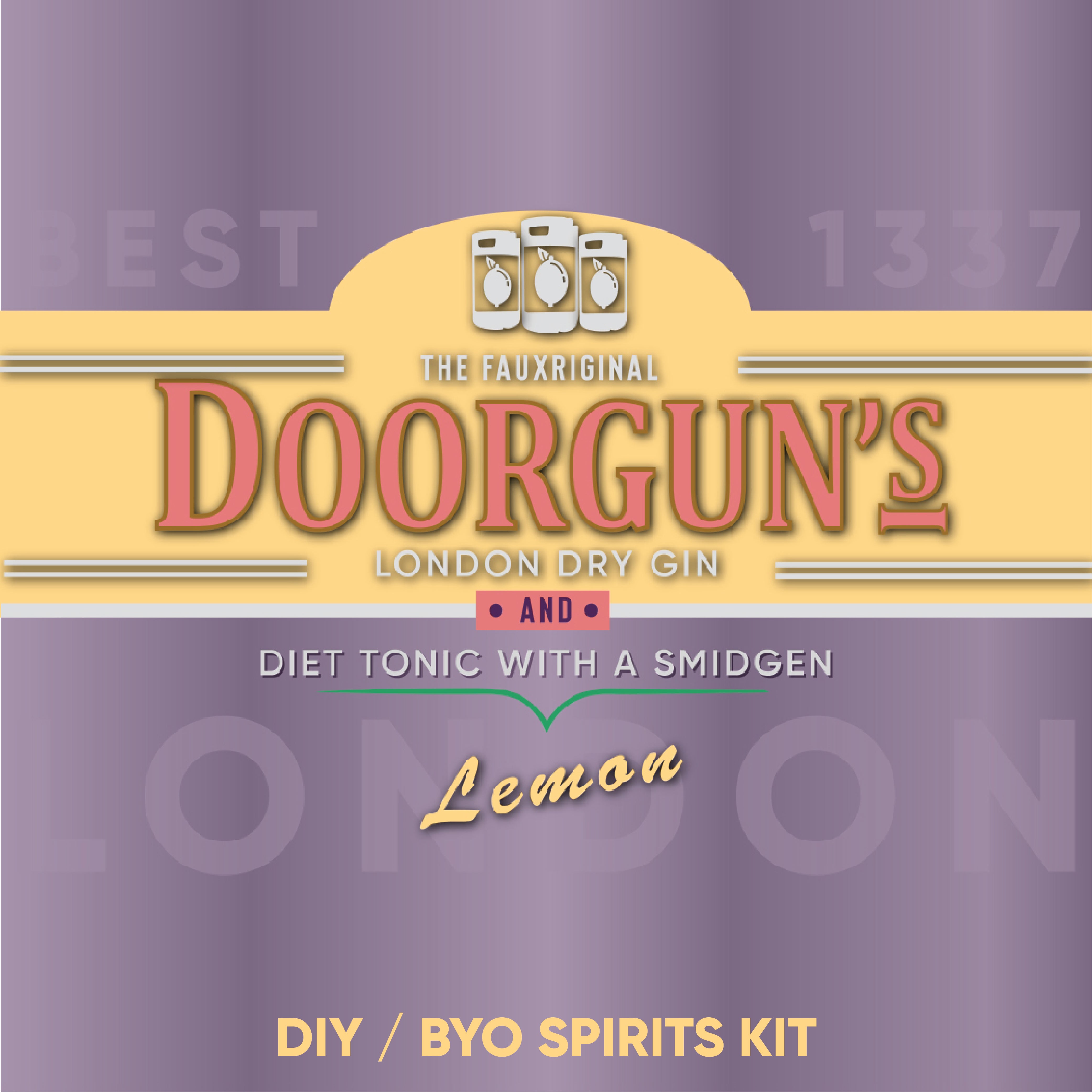 Doorgun's London Dry Gin & Tonic  label with lemon flavor description on a purple background