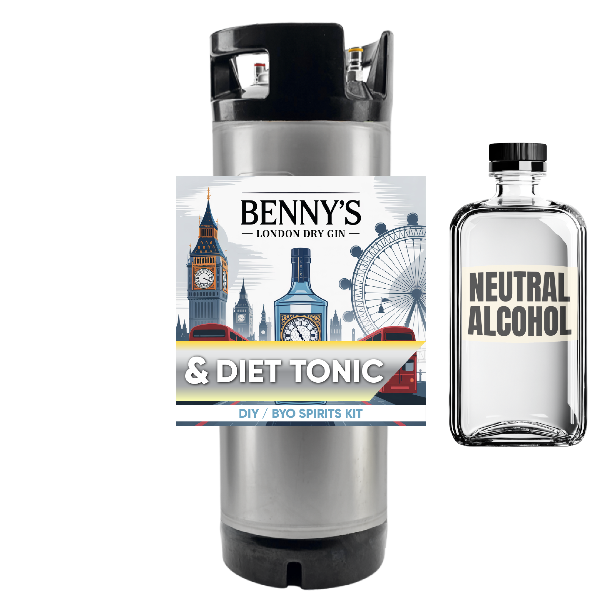 Benny's London Dry Gin and Diet Tonic kit with a neutral alcohol bottle on a white background