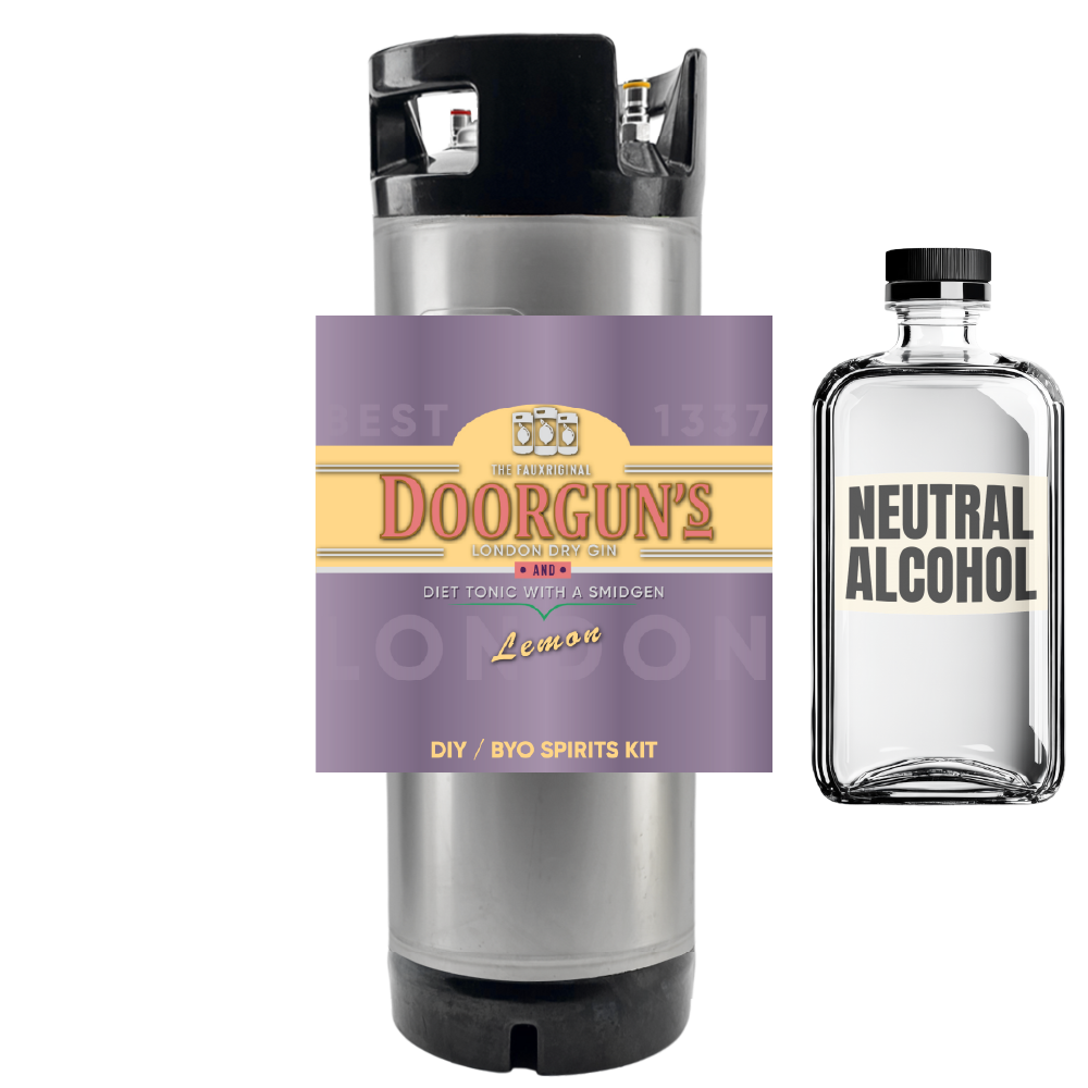 Doorgun's London Dry Gin & Tonic DIY BYO Spirits Kit with a lighter and neutral alcohol bottle on a white background