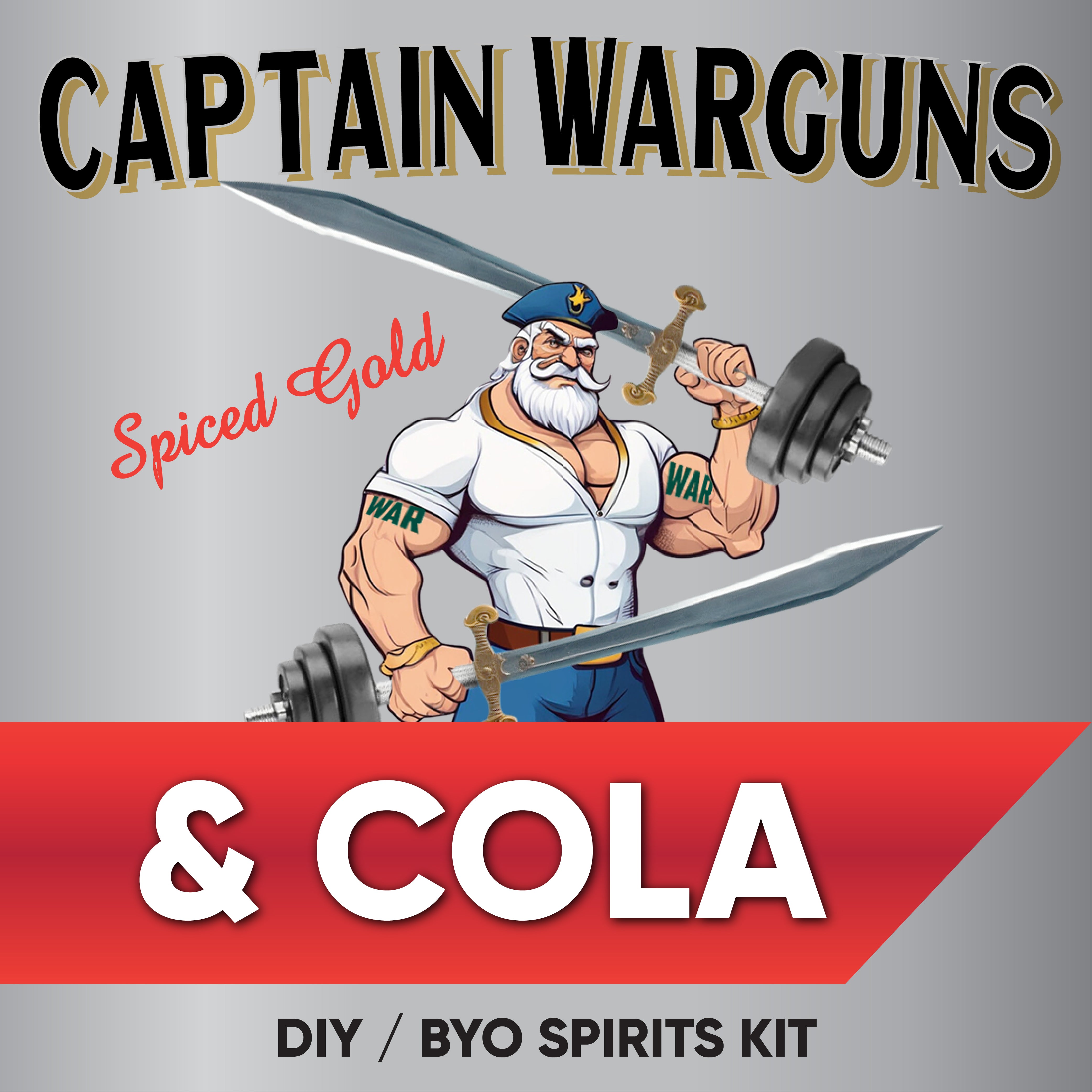 Captain Warguns Spiced Rum & Cola DIY/BYO Spirits Kit with cartoon character holding a sword and weights.