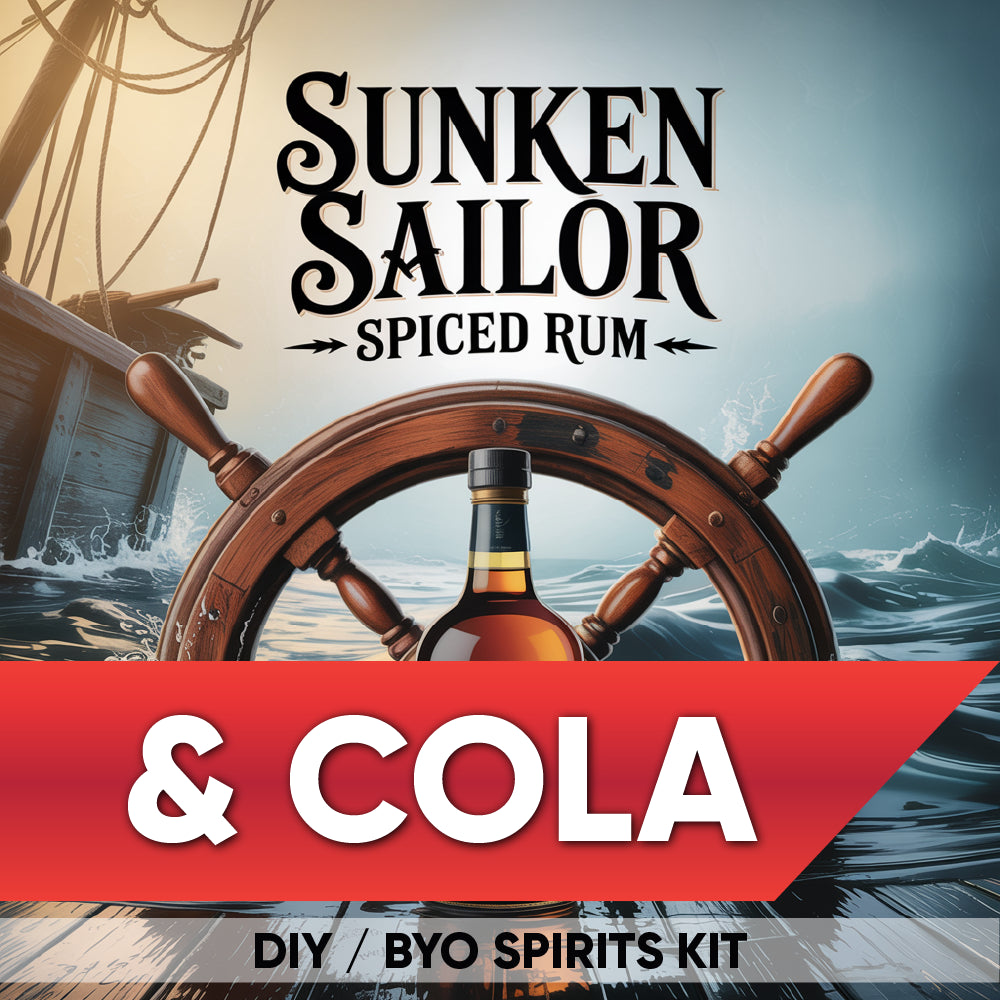Sunken Sailor Spiced Rum & Cola DIY/Byo Spirits Kit with ship wheel and bottle in water.