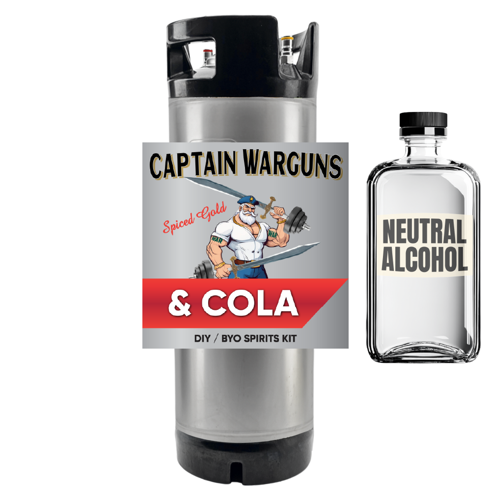 Captain Warguns Spiced Rum and Cola DIY spirits kit with a bottle of neutral alcohol on a white background