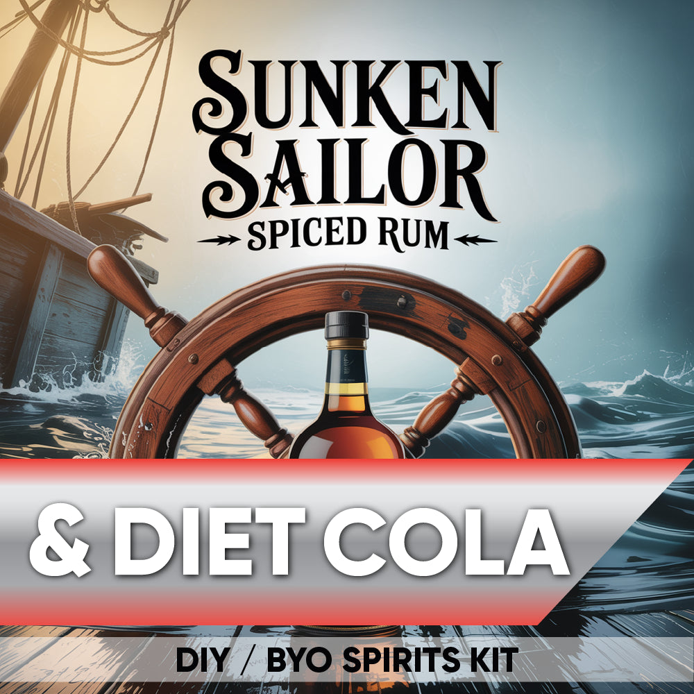 Advertisement for Sunken Sailor Spiced Rum & Diet Cola Ready to Keg Kit with ship wheel and bottle.