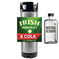 Tumbler with Irish Whiskey & Cola label and neutral alcohol bottle on a white background