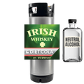 Irish whiskey and diet cola label on a metal container with a bottle of neutral alcohol.