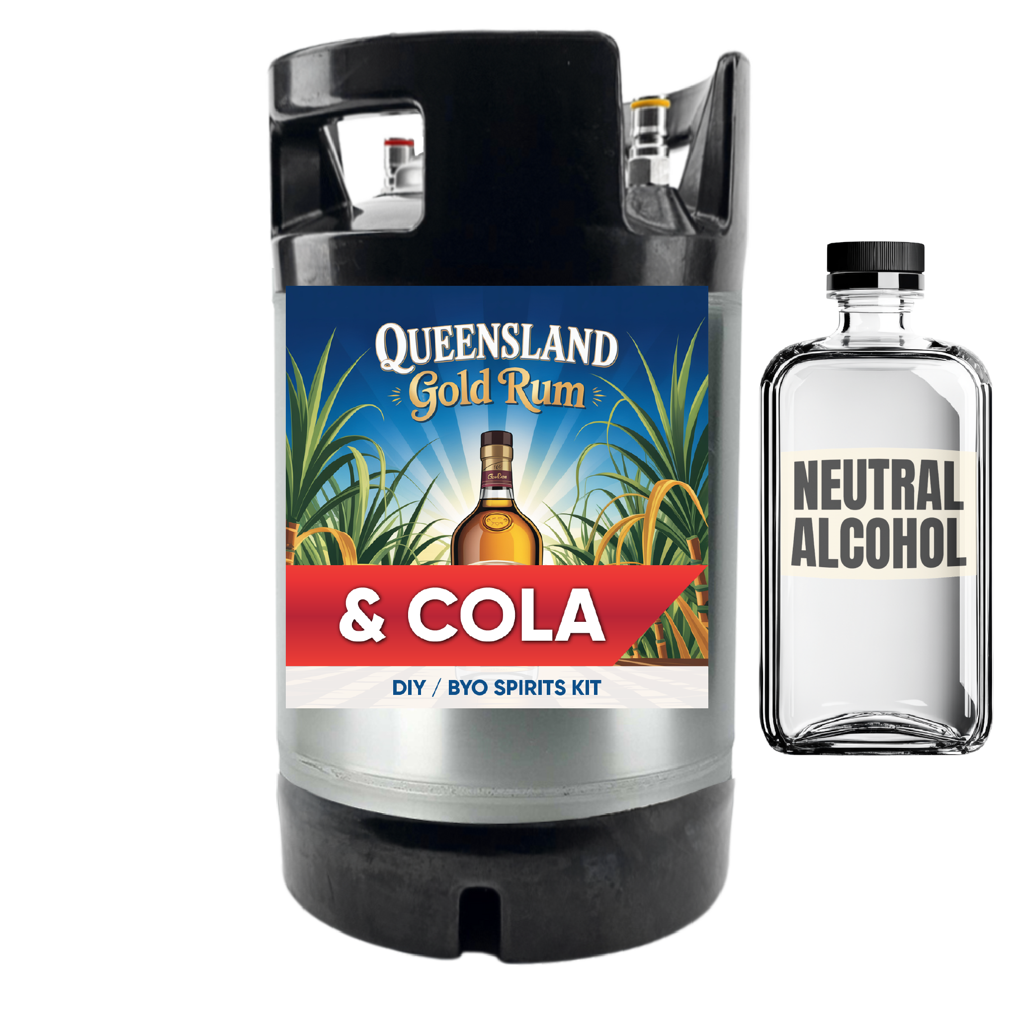 Queensland Gold Rum & Cola keg and neutral alcohol bottle on a white background