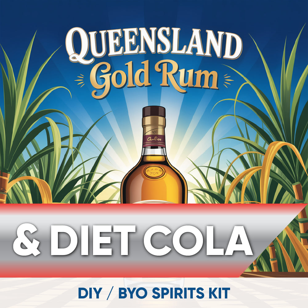 Queensland Gold Rum & Diet Cola DIY/BYO Spirits Kit with rum bottle and sugarcane plants in the background.