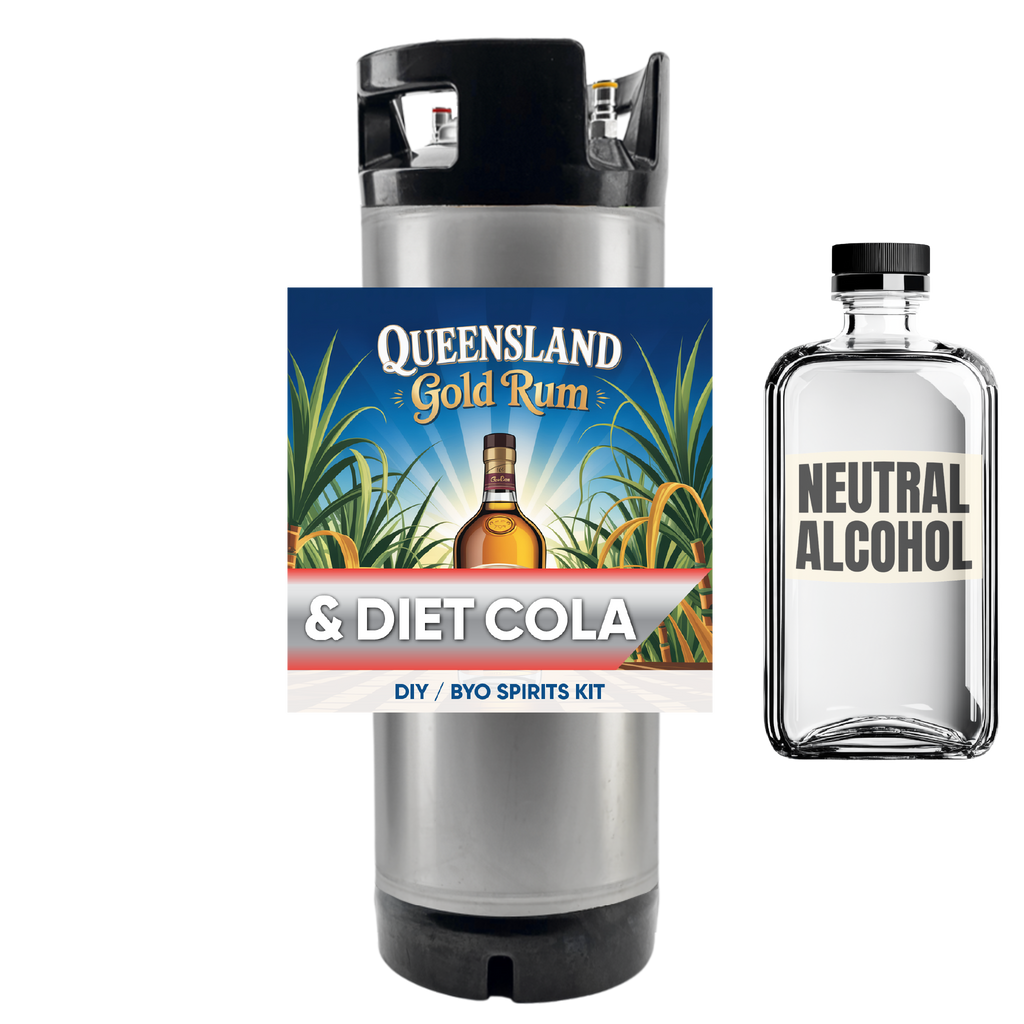 Queensland Gold Rum & Diet Cola DIY BYO Spirits Kit with a lighter and neutral alcohol bottle on a white background.
