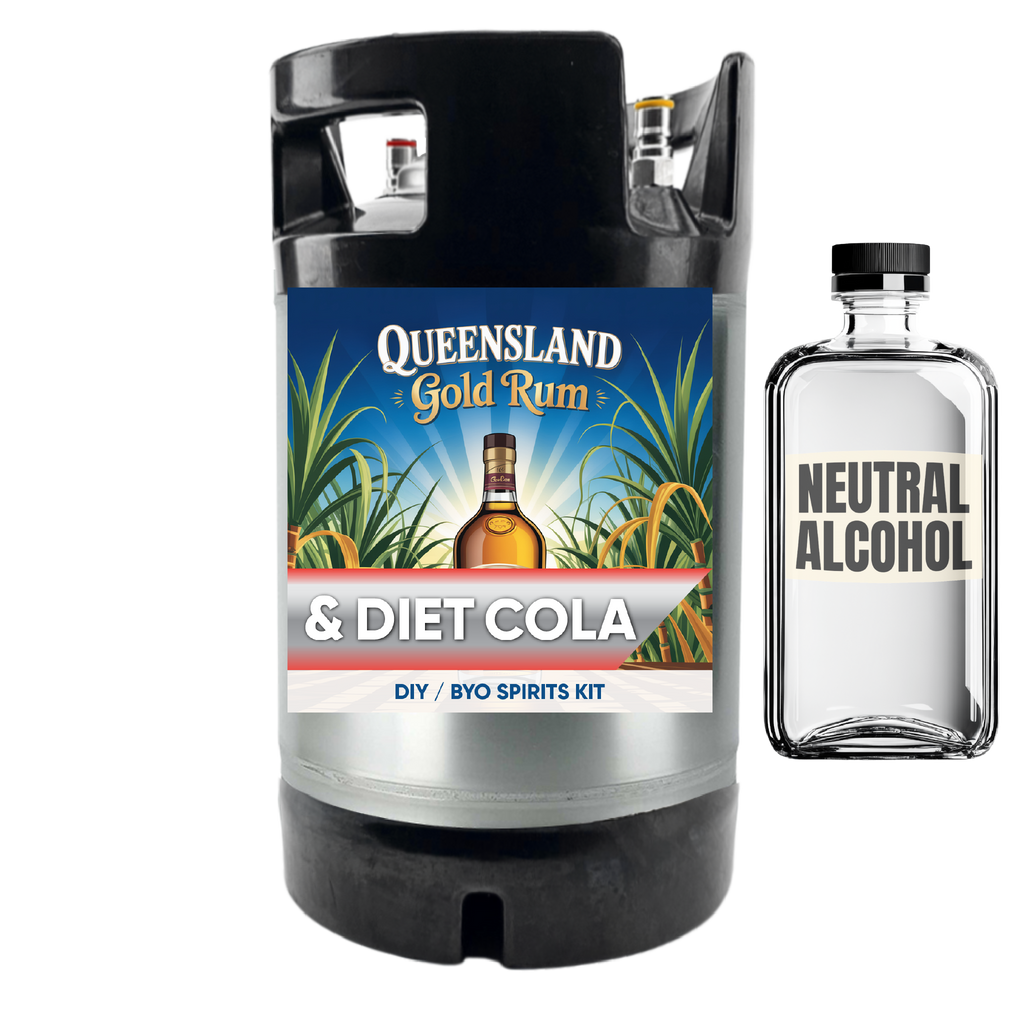 Queensland Gold Rum & Diet Cola keg with a bottle of neutral alcohol on a white background